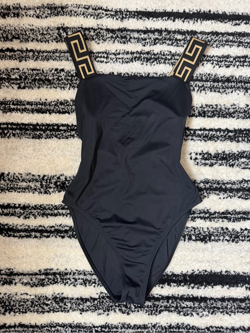 VERSACE Black One-Piece Swimsuit with Gold Greek Key Straps